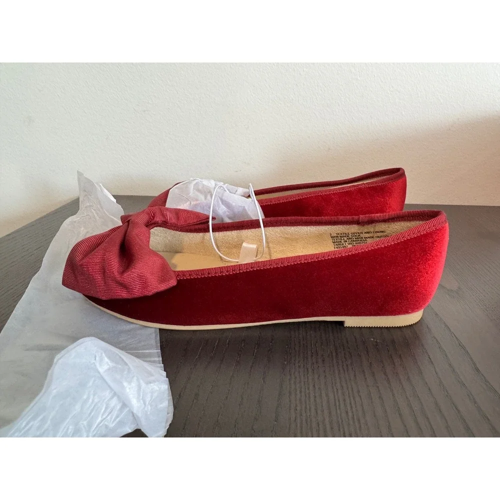 Christmas Cat & Jack Perla Ballet Flats Girls Size 2 Red Velvet Oversized Bow
